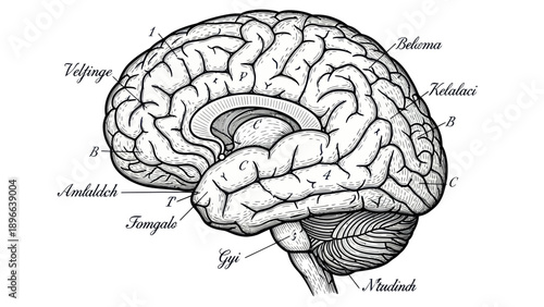 Detailed anatomical illustration of the human brain in profile view.