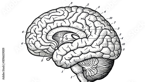 Detailed anatomical illustration of the human brain in profile view.