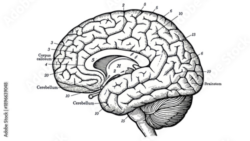 Detailed anatomical illustration of the human brain showing internal structures and external convolutions.