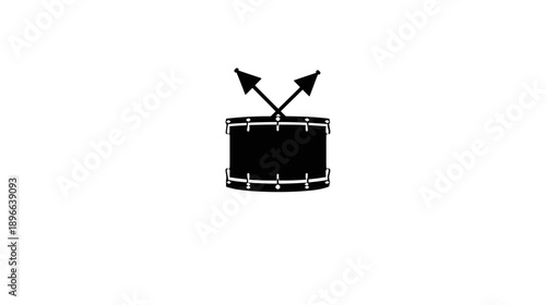 A simple, symmetrical black and white illustration of a drum with crossed drumsticks on a white background