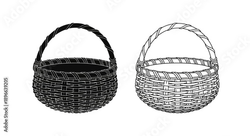 Black and white wicker baskets handle decorative storage Vector
