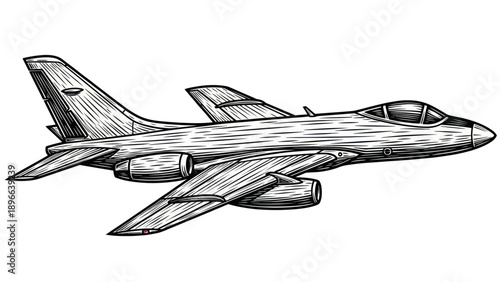 Detailed Engraving of a Military Jet Aircraft in Flight.