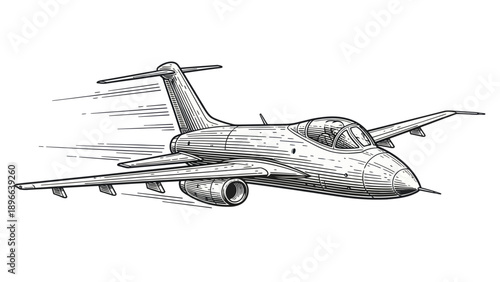 Detailed Engraving of a Vintage Military Jet Aircraft in Flight.