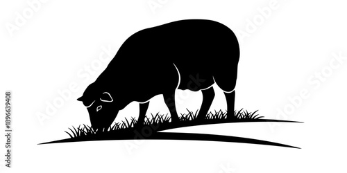 Minimalist black sheep grazing in field silhouette vector icon
