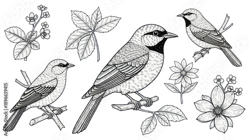 Detailed Hand-Drawn Collection of Various Birds and Botanical Elements.