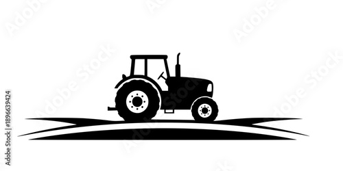 Minimalist black farm tractor in a field silhouette vector icon
