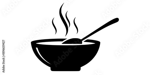 Minimalist black steaming bowl of soup with a spoon silhouette vector icon

