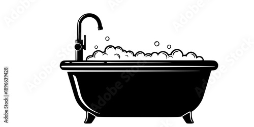 Minimalist black bathtub with bubbles and faucet silhouette vector icon
