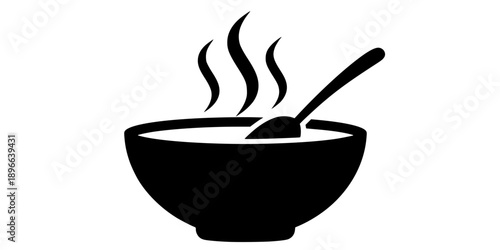 Minimalist black steaming bowl of soup with a spoon silhouette vector icon
