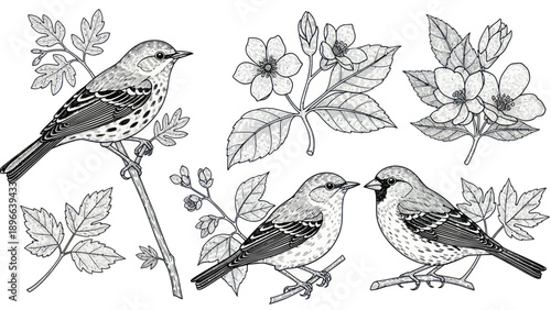 Detailed Hand-Drawn Collection of Various Birds and Botanical Elements.