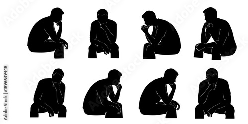 thinking man sitting silhouette pose set vector illustration
