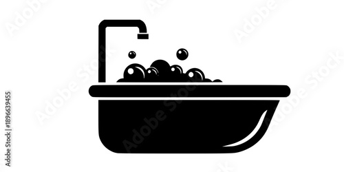Set of Minimalist black bathtub with bubbles and faucet silhouette vector icon
