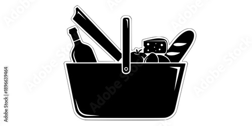 Minimalist black open picnic basket with food silhouette vector icon
