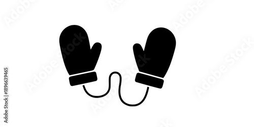 Minimalist black pair of winter mittens connected by a string silhouette vector icon
