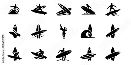 Set of Minimalist black surfboard water sport silhouette vector icon
