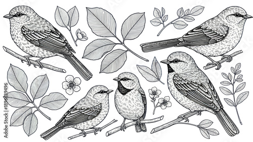 Detailed Hand-Drawn Collection of Various Small Birds Perched on Branches with Leaves.