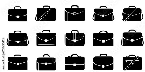 Set of Minimalist black briefcase laptop bag professional silhouette vector icon
