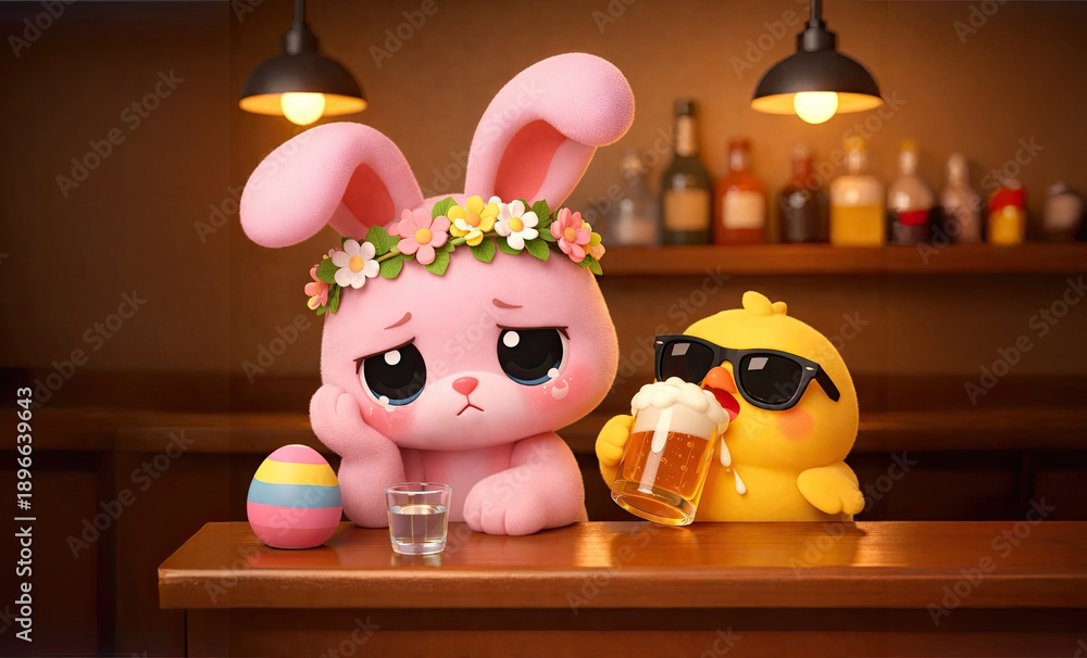 Obraz premium Sad Easter Bunny and Yellow Chick Having a Beer in a Bar