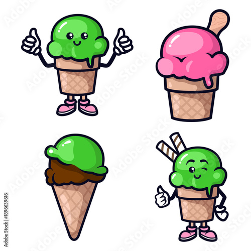 Set of ice cream mascot design template.