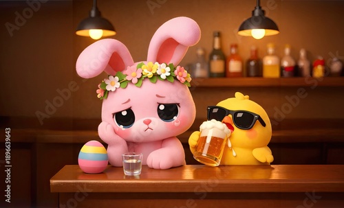 Sad Easter Bunny and Yellow Chick Having a Beer in a Bar