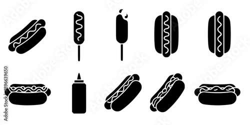 Set of minimalist black hot dog fast food silhouette vector icon
