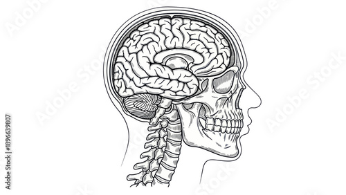 Detailed Human Brain and Skull Anatomy Illustration.