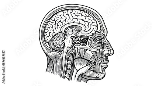 Detailed Human Head Anatomy Illustration with Brain and Facial Structures.