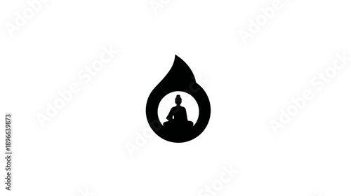 A black silhouette of a seated figure inside a drop-shaped, circular outline on a white background