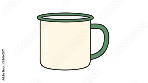 Simple illustration of a cream-colored enamel mug with a green handle and rim