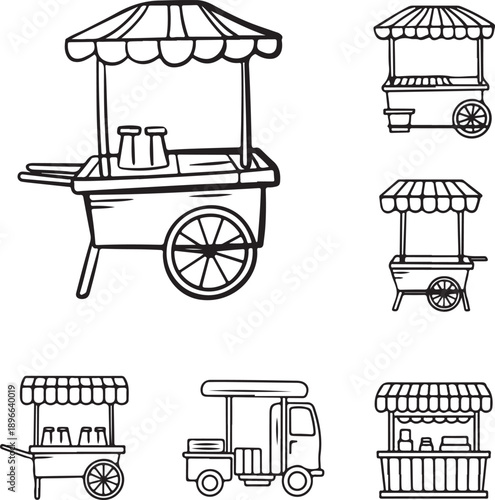 food truck monochrome vector set street vendor cart and truck icons