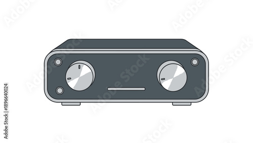 Minimalist illustration of a compact audio amplifier with two large knobs