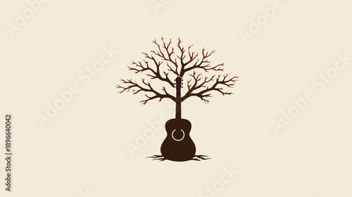 A guitar fused with a tree in shades of brown against a cream background