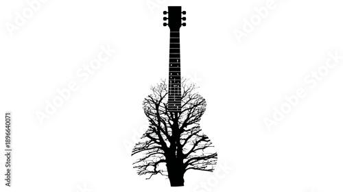 A black and white image of a guitar-shaped silhouette filled with the outline of a tree