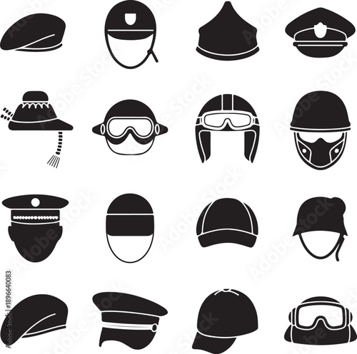 hat icon set silhouettes of helmets caps and headwear