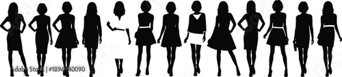 Black silhouettes of diverse women in stylish dresses and skirts, standing in row, fashion illustration highlighting posture, hairstyle, elegance, individuality