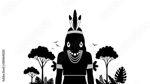Silhouette of Indigenous Person in Jungle Setting with Trees and Birds.