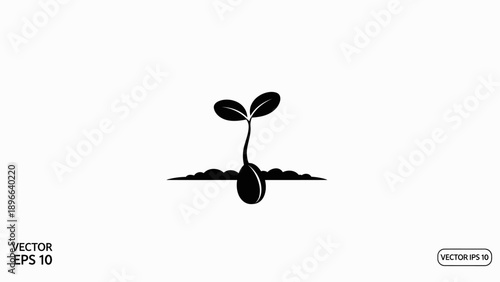 Black silhouette of a sprout growing from a seed, isolated on white background.