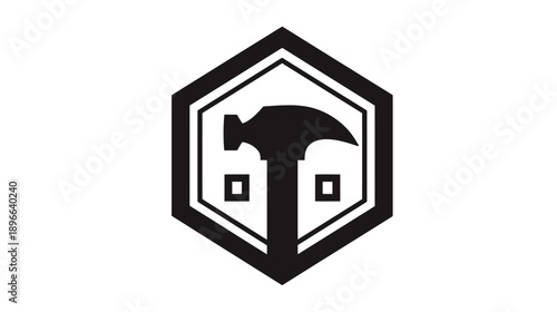 A black and white construction-related logo featuring a hammer, and two small squares within a hexagon