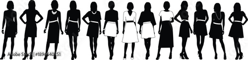 Black and white silhouettes of diverse women in fashionable dresses, skirts, and accessories, standing in row, illustration of identity, fashion, individuality