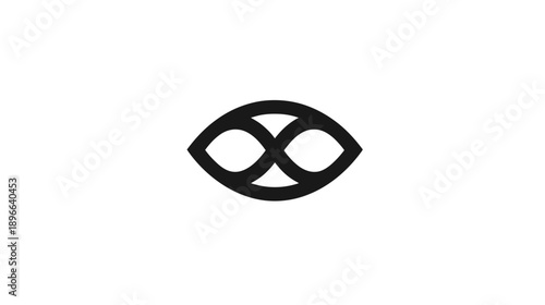 A graphic symbol of two opposing, interconnected eyes within an oval frame, against a white backdrop