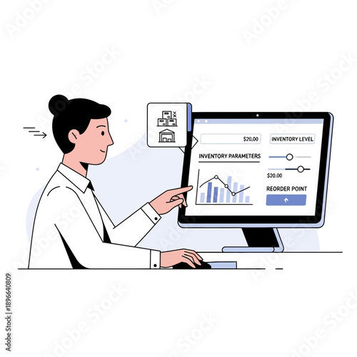 Businesswoman managing inventory on computer with charts and sliders