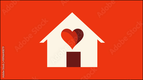 A heart-shaped graphic within a house silhouette against a vibrant, reddish-orange background