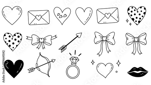 Hand-drawn Valentines Day Doodles Collection - Hearts, Love Letters, Bows, Arrows, Diamond Ring, and Lips.