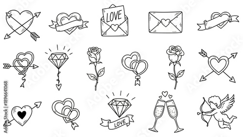 Hand-drawn Valentines Day Doodles Collection with Hearts, Arrows, and Love Symbols.