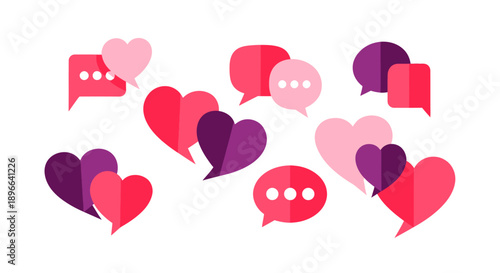 Colorful hearts and speech bubbles on a white background.