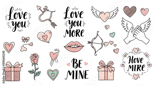 Valentines Day Hand Drawn Elements Collection with Love Symbols and Phrases.