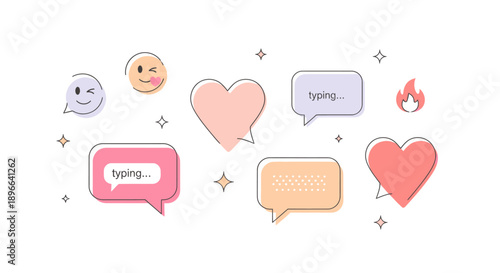 Collection of colorful heart and speech bubble icons.