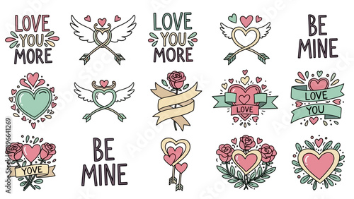 Valentines Day Hand Drawn Love Symbols and Phrases Collection.