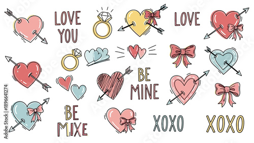 Valentines Day Hand Drawn Hearts and Love Symbols Collection.