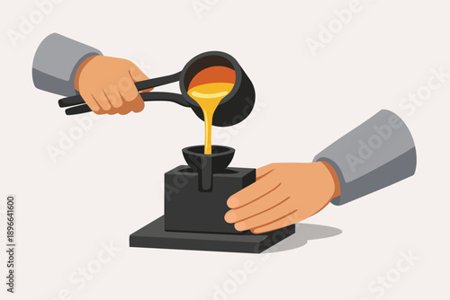 Hands pouring molten metal liquid into a mold during metal casting process